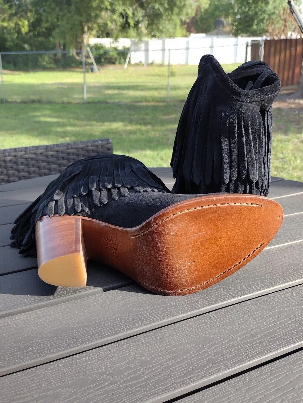 Frye Llana Black Suede Fringe Ankle Boots Western Boho Block Heel